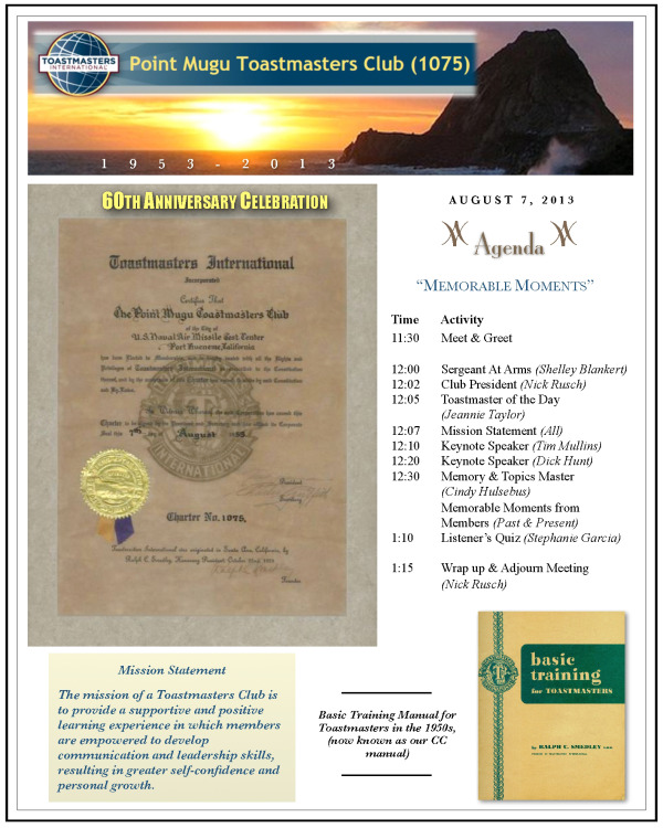Point Mugu Toastmasters 60th Anniversary Agenda