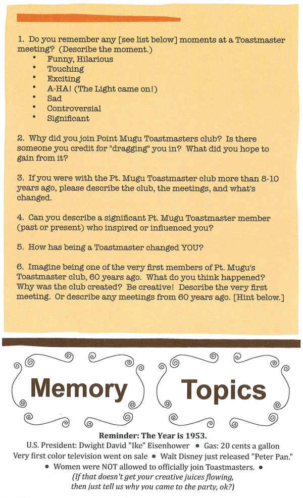 Point Mugu Toastmasters 60th Anniversary Memory Topics