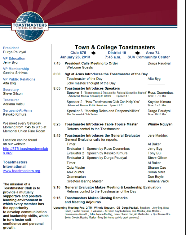 Sample Agenda January